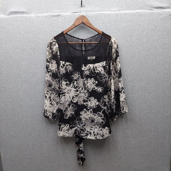 Calvin Klein Womens Black & White Floral Sheer Tie Waist Blouse Top Size M - Picture 4 of 4